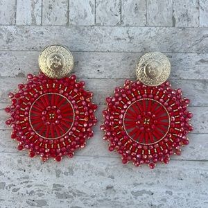 Handmade Colombian big red Beaded Statement Earrings - Light Weight!